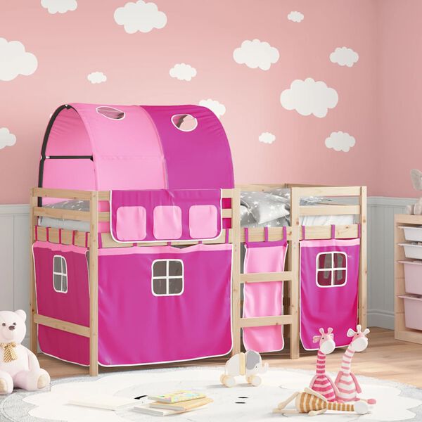vidaXL Cama alta para ni&ntilde;os con t&uacute;nel madera pino rosa 90x190 cm