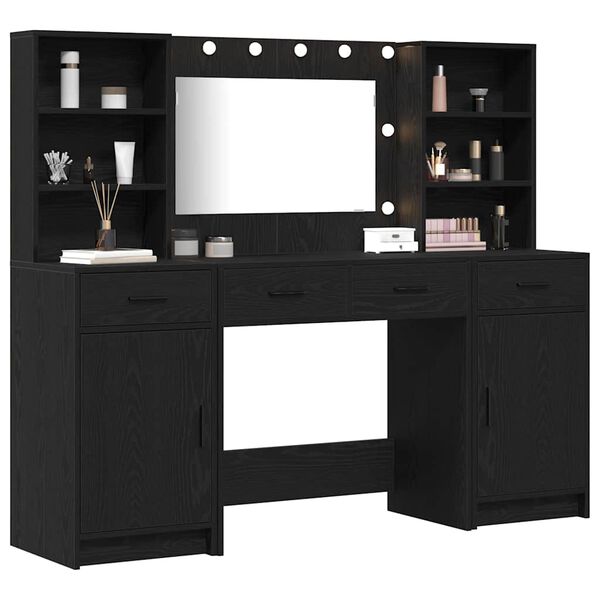 vidaXL Conjunto de mesa de vestidor con LED 3 pcs Roble Negro