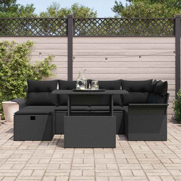 vidaXL Conjunto de sof&aacute; de jard&iacute;n con coj&iacute;n 7 pcs Negro Polirat&aacute;n