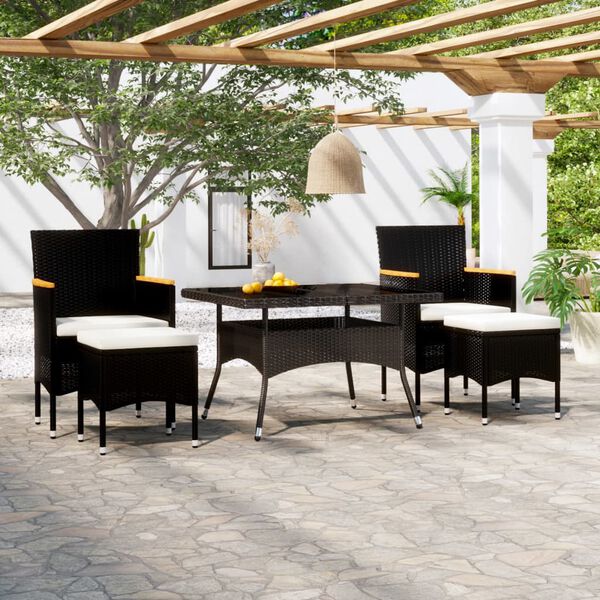 vidaXL Set comedor jard&iacute;n 5 pzas rat&aacute;n sint&eacute;tico vidrio templado negro