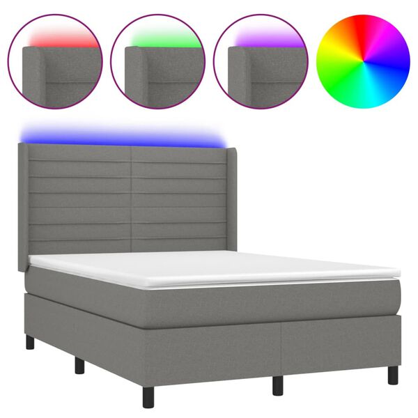 vidaXL Cama box spring colch&oacute;n y luces LED tela gris oscuro 140x190 cm