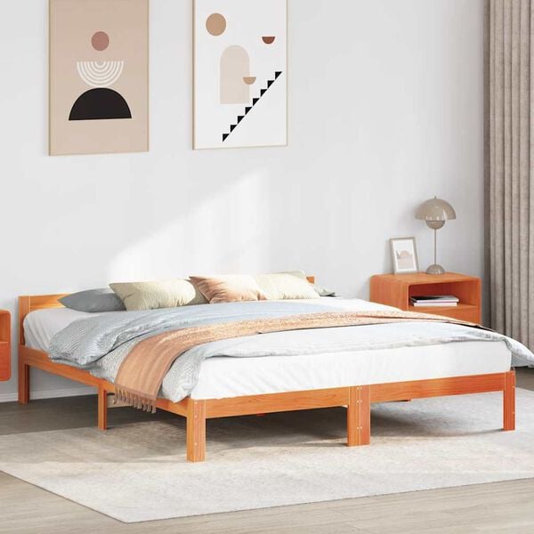 vidaXL Cama sin colch&oacute;n madera maciza de pino marr&oacute;n cera 160x200 cm