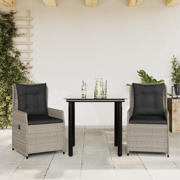 vidaXL Set comedor de jardín 3 pzas cojines ratán sintético gris claro