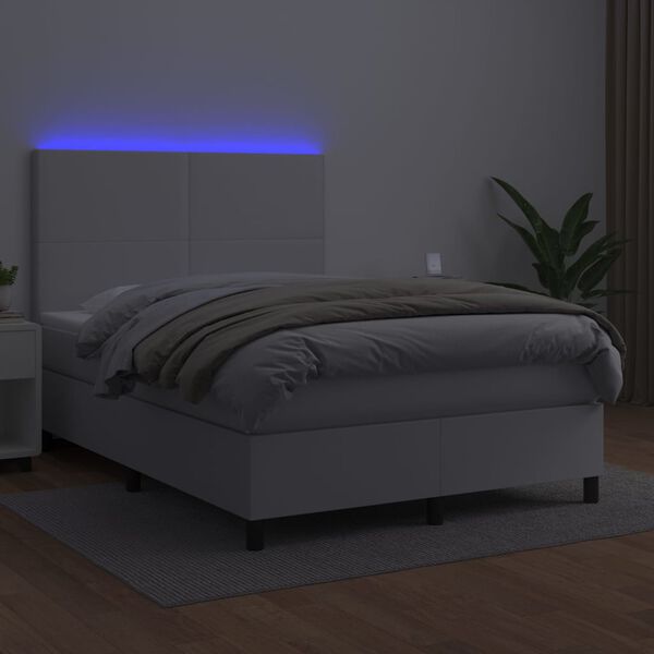 vidaXL Cama box spring colch&oacute;n y LED cuero sint&eacute;tico blanco 140x190 cm