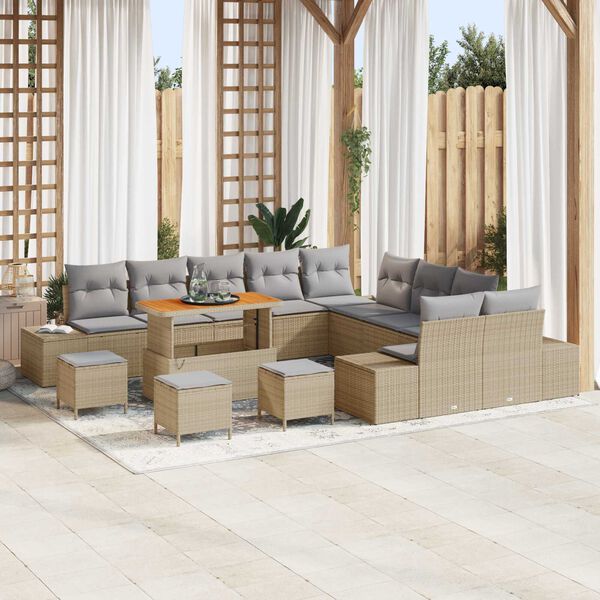 vidaXL Conjunto de sof&aacute;s de jard&iacute;n 14 pcs Beige rat&aacute;n sint&eacute;tico