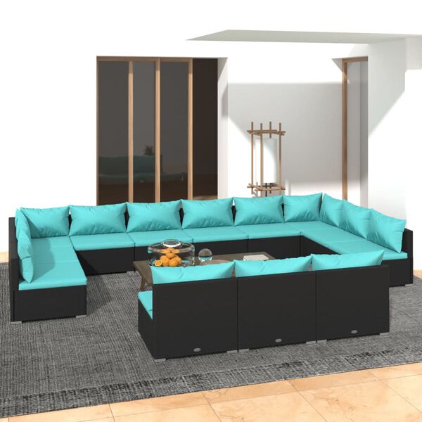 vidaXL Set de muebles de jard&iacute;n 13 pzas cojines rat&aacute;n sint&eacute;tico negro