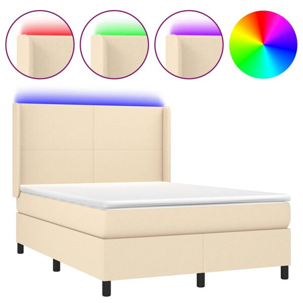 vidaXL Cama box spring colch&oacute;n y luces LED tela crema 140x190 cm