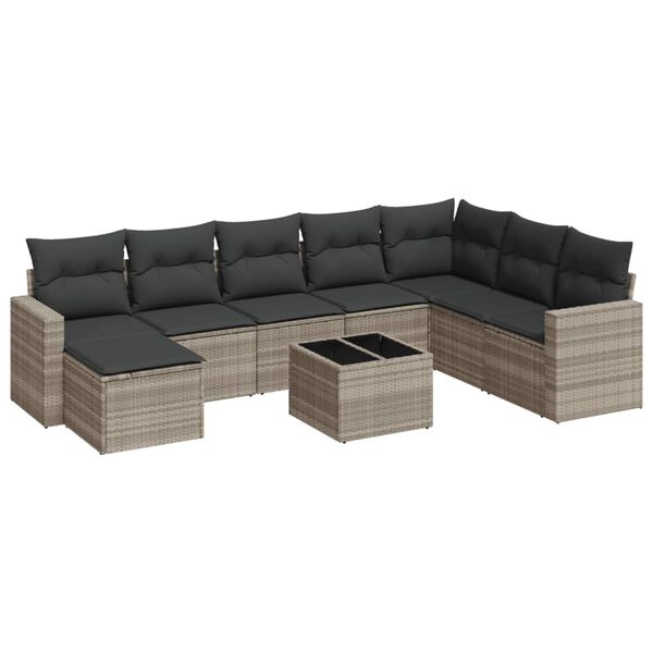 vidaXL Set muebles jard&iacute;n 9 pzas y cojines rat&aacute;n sint&eacute;tico gris claro