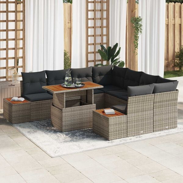 vidaXL Conjunto de sof&aacute; de jard&iacute;n 9 pcs Gris Polirat&aacute;n