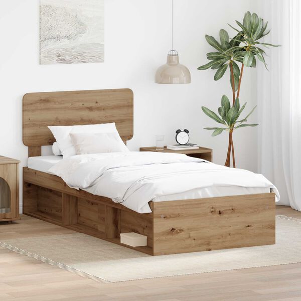 vidaXL Estructura de cama con cabecera Roble Artesanal 75 x 190 cm