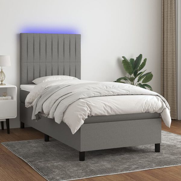 vidaXL Cama box spring colch&oacute;n y luces LED tela gris oscuro 90x200 cm