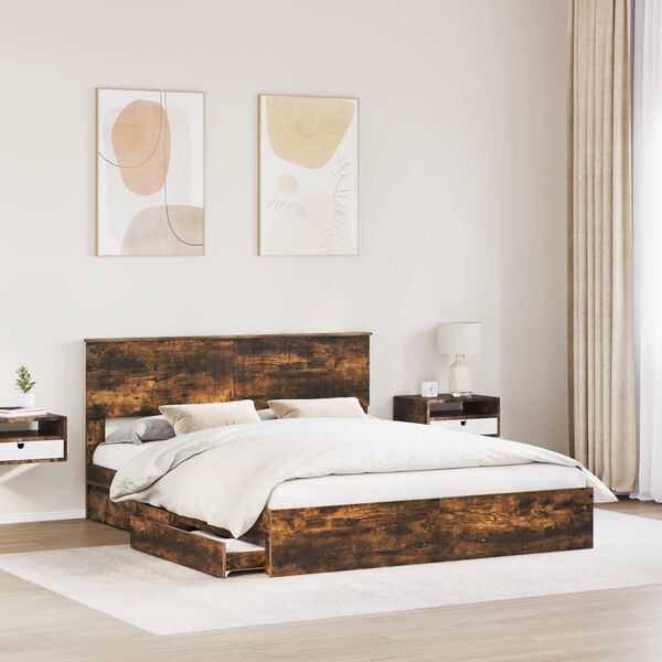 vidaXL Cama con almacenamiento con cabecera Roble ahumado 160 x 200 cm