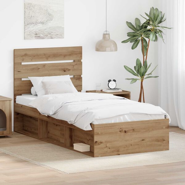 vidaXL Estructura de cama con cabecera Roble Artesanal 75 x 190 cm