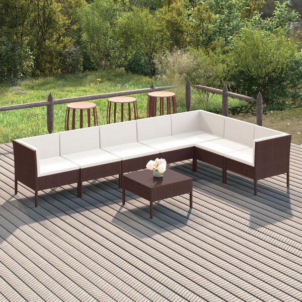 vidaXL Set muebles de jard&iacute;n 8 pzas y cojines rat&aacute;n sint&eacute;tico marr&oacute;n