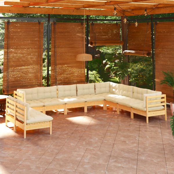 vidaXL Muebles de jardín 10 pzas y cojines madera maciza de pino crema