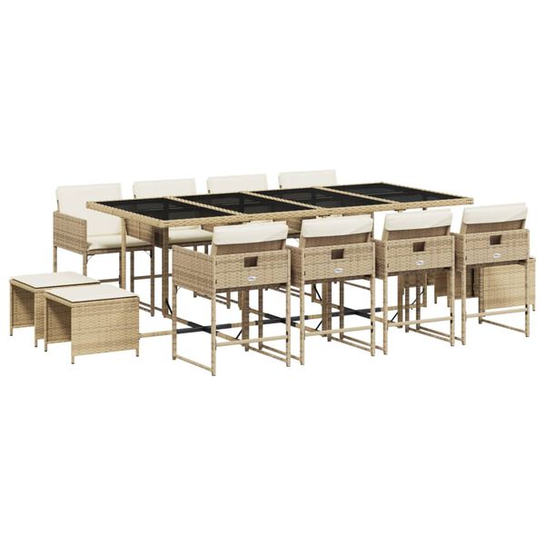 vidaXL Set comedor de jard&iacute;n con cojines 13 pzas rat&aacute;n sint&eacute;tico beige