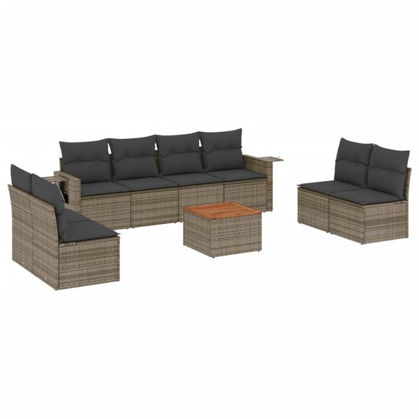 vidaXL Set de muebles de jard&iacute;n 9 pzas y cojines rat&aacute;n sint&eacute;tico gris