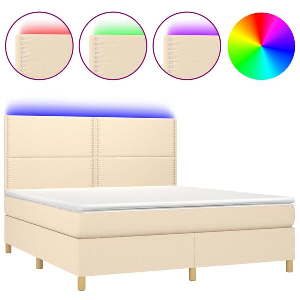vidaXL Cama box spring colch&oacute;n y luces LED tela crema 160x200 cm