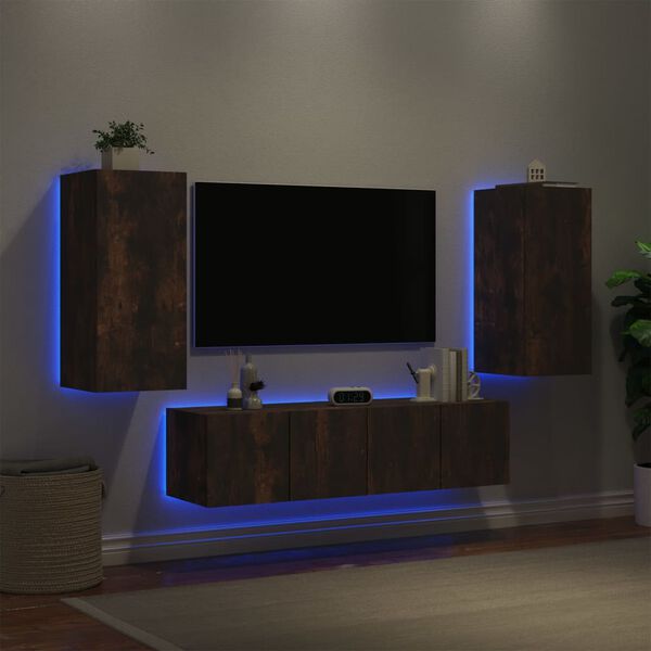 vidaXL Muebles TV pared con LED 4 pzas madera ingenier&iacute;a roble ahumado