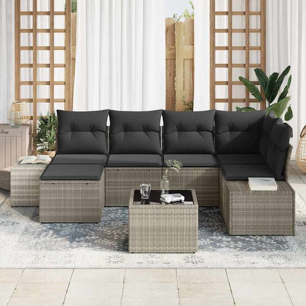 vidaXL Conjunto de sof&aacute; de jard&iacute;n 7 pcs Gris Claro rat&aacute;n sint&eacute;tico