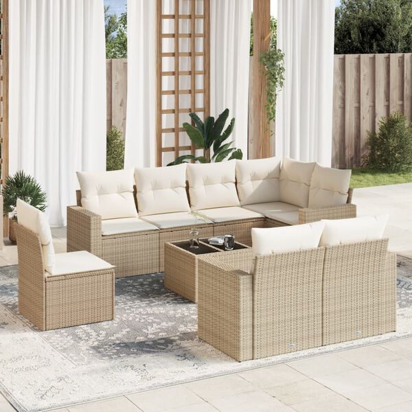 vidaXL Set de sof&aacute;s de jard&iacute;n 9 pzas con cojines rat&aacute;n sint&eacute;tico beige
