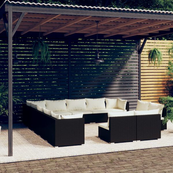 vidaXL Set de muebles de jard&iacute;n 13 pzas cojines rat&aacute;n sint&eacute;tico negro