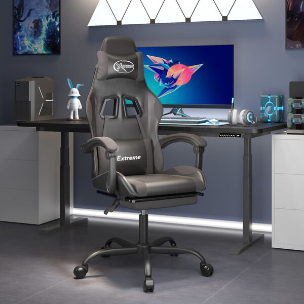 vidaXL Silla gaming con reposapi&eacute;s cuero sint&eacute;tico negro gris