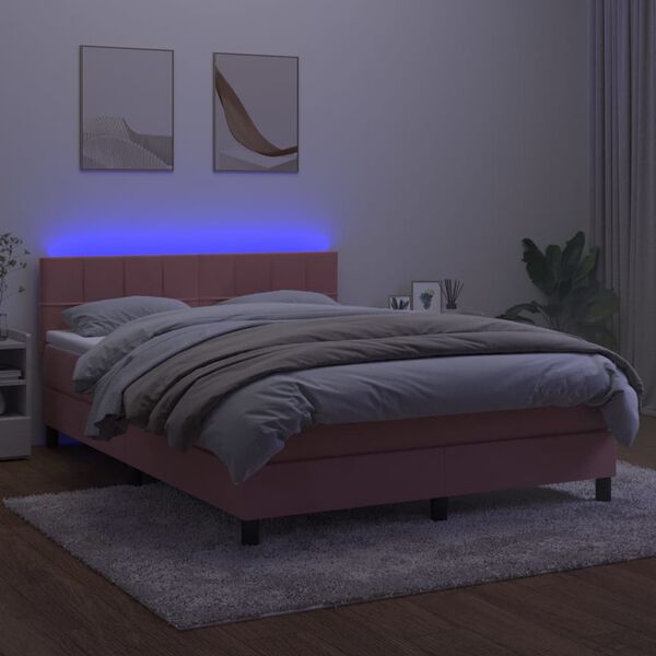 vidaXL Cama box spring colch&oacute;n y LED terciopelo rosa 140x190 cm