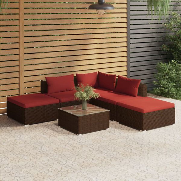 vidaXL Set muebles de jard&iacute;n 6 piezas y cojines rat&aacute;n sint&eacute;tico marr&oacute;n