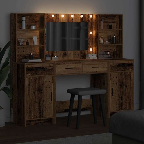 vidaXL Conjunto de mesa de vestidor con LED 3 pcs Madera vieja