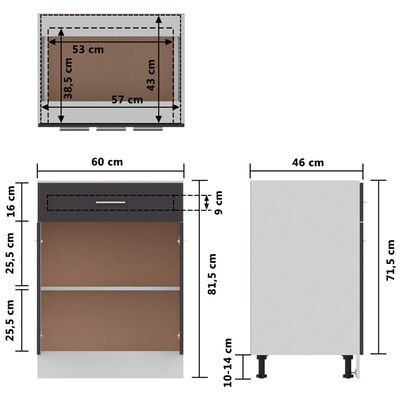 vidaXL Armario inferior cocina madera ingeniería gris brillo 60x46x81,5 cm
