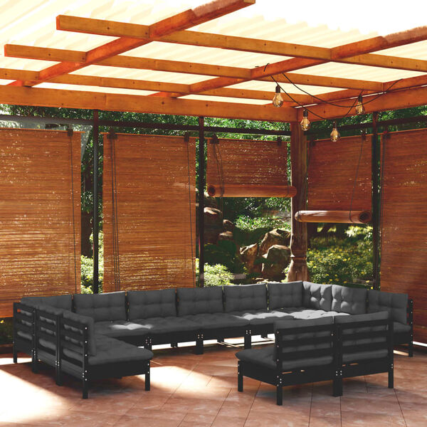 vidaXL Muebles de jardín 12 pzas con cojines negro madera maciza pino