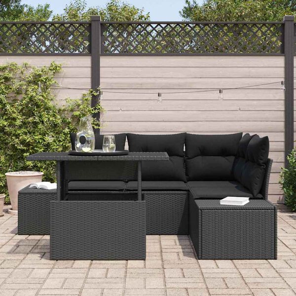 vidaXL Conjunto de sof&aacute; de jard&iacute;n 5 pcs Negro rat&aacute;n sint&eacute;tico