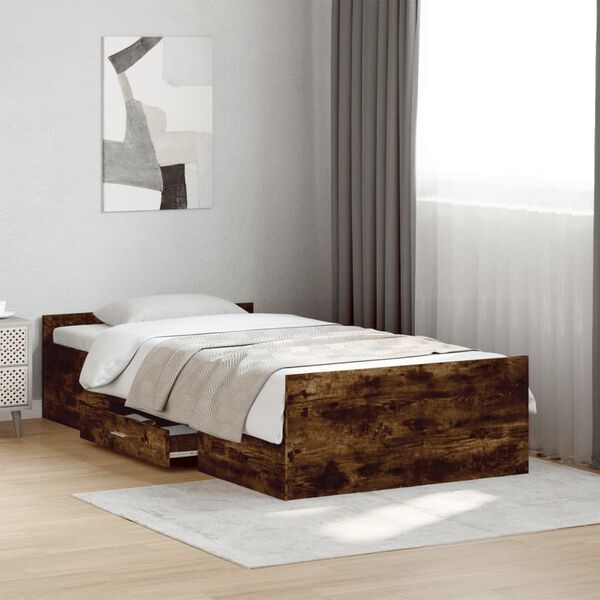 vidaXL Cama con cajones madera de ingenier&iacute;a roble ahumado 90x190 cm
