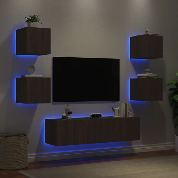 vidaXL Muebles TV pared con LED 6 pzas madera ingenier&iacute;a marr&oacute;n roble