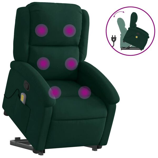 vidaXL Sill&oacute;n reclinable de masaje elevable terciopelo verde oscuro