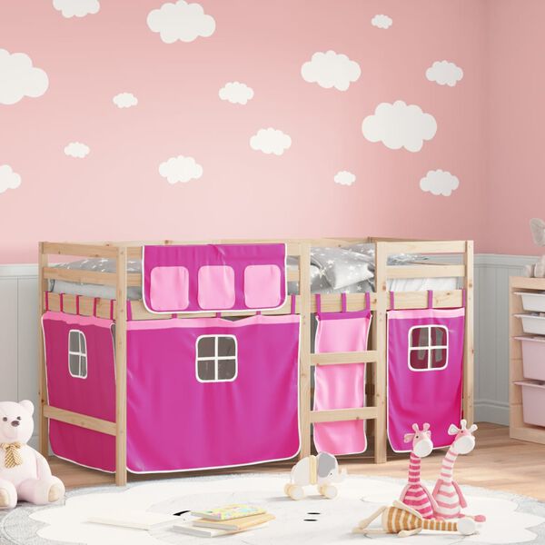 vidaXL Cama alta para ni&ntilde;os con cortinas madera pino rosa 80x200 cm