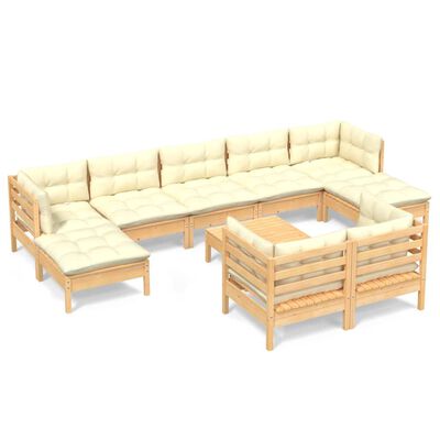 vidaXL Muebles de jardín 10 pzas y cojines madera maciza de pino crema