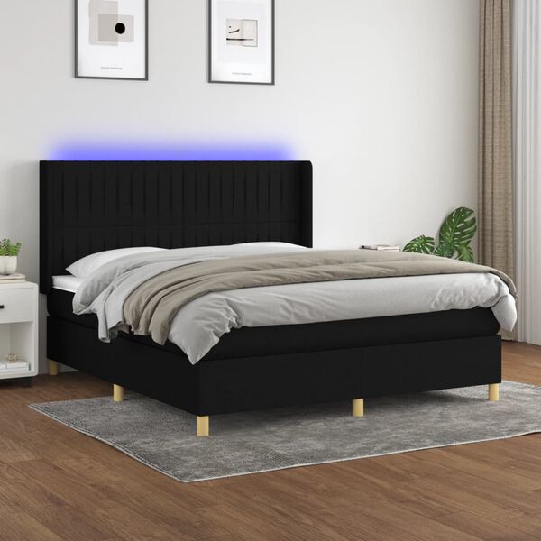vidaXL Cama box spring colch&oacute;n y luces LED tela negro 180x200 cm