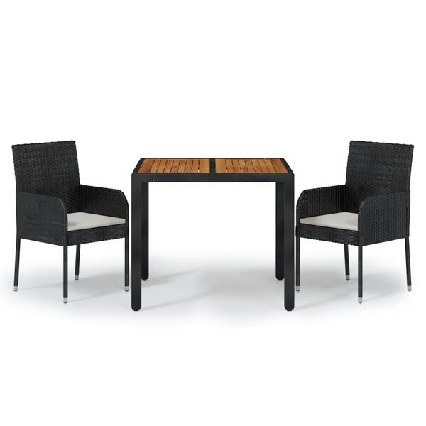 vidaXL Set comedor de jard&iacute;n 3 pzas con cojines rat&aacute;n sint&eacute;tico negro