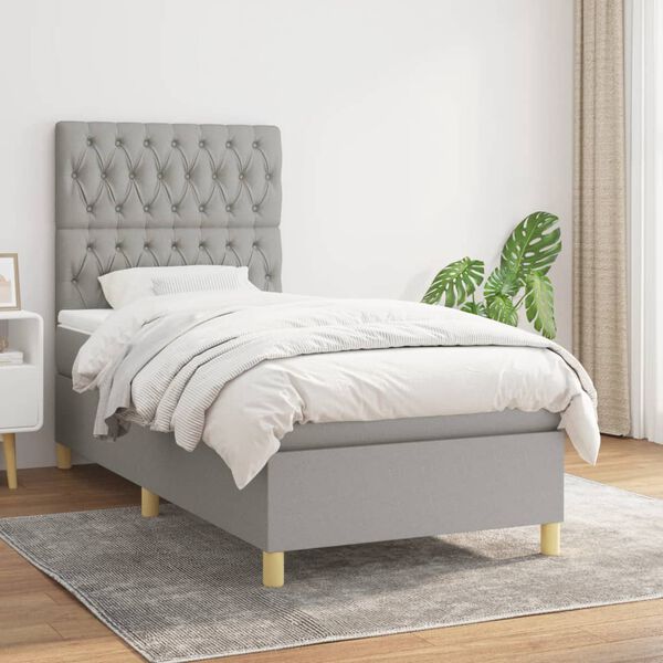 vidaXL Cama box spring con colch&oacute;n tela gris claro 90x200 cm
