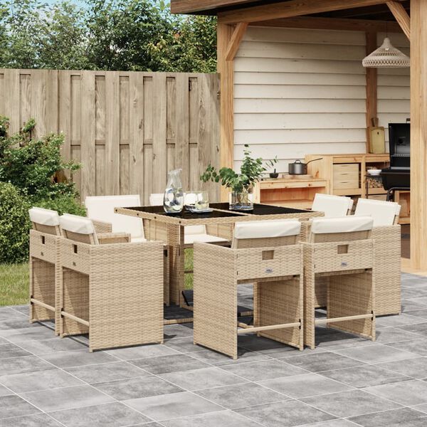 vidaXL Set comedor de jard&iacute;n 9 pzas con cojines rat&aacute;n sint&eacute;tico beige