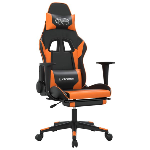 vidaXL Silla gaming masaje y reposapiés cuero sintético negro naranja