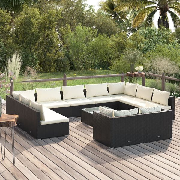 vidaXL Set de muebles de jardín 12 pzas cojines ratán sintético negro
