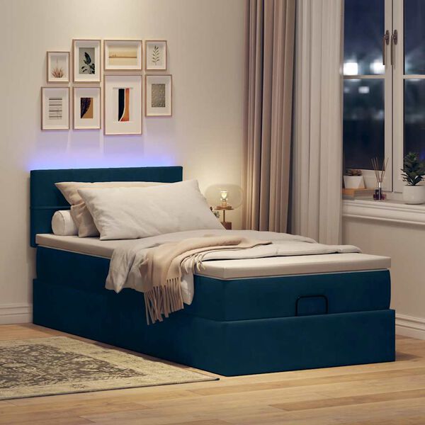 vidaXL Cama otomana con colch&oacute;n y LED terciopelo azul oscuro 80x200 cm