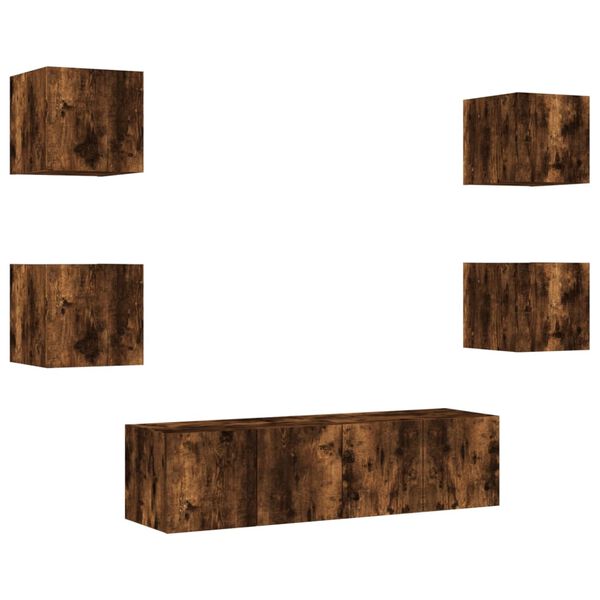 vidaXL Muebles TV pared con LED 6 pzas madera ingenier&iacute;a roble ahumado