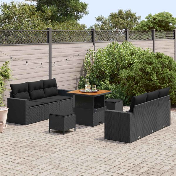 vidaXL Conjunto de sof&aacute; de jard&iacute;n 9 pcs Negro rat&aacute;n sint&eacute;tico
