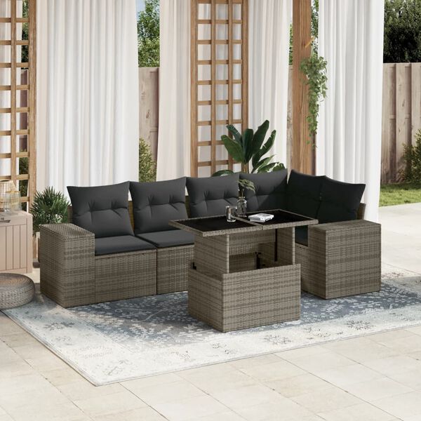 vidaXL Set de muebles de jard&iacute;n 6 pzas y cojines rat&aacute;n sint&eacute;tico gris