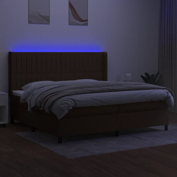 vidaXL Cama box spring colch&oacute;n luces LED tela marr&oacute;n oscuro 200x200 cm