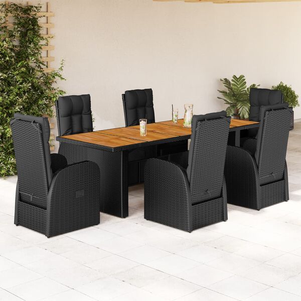 vidaXL Set de comedor de jard&iacute;n 7 pzas y cojines rat&aacute;n sint&eacute;tico negro